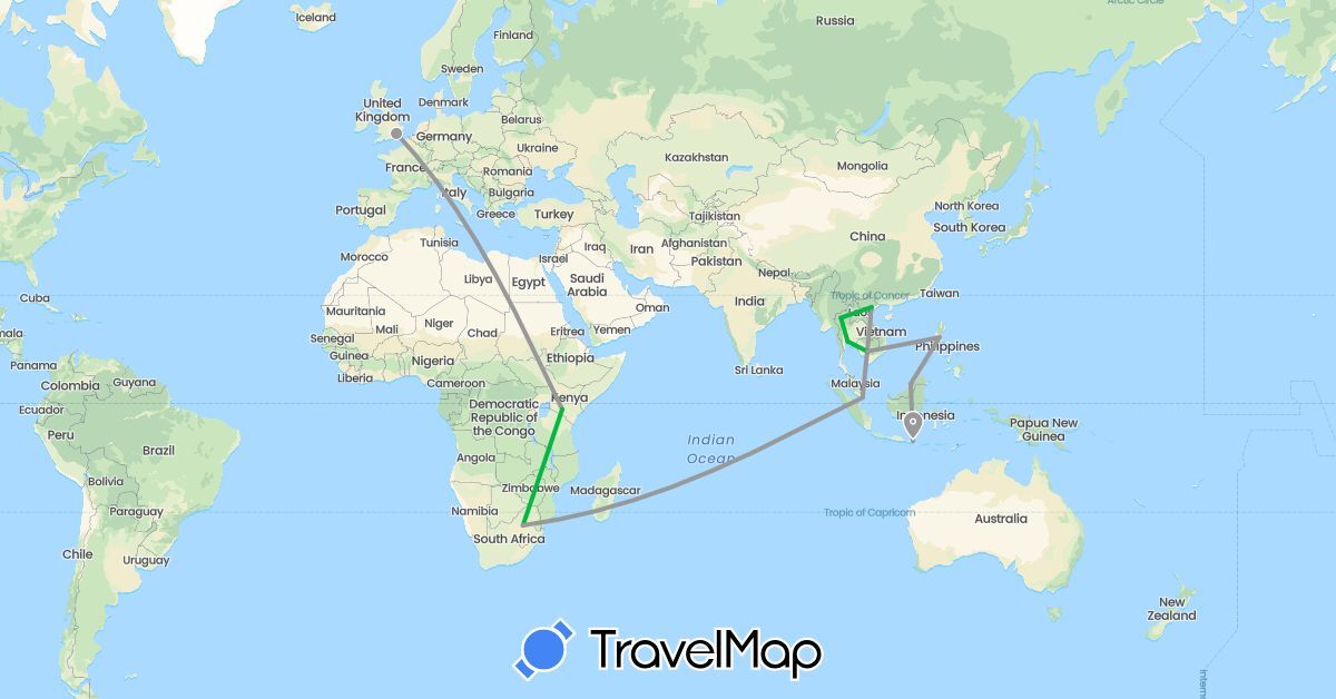TravelMap itinerary: driving, bus, plane in Brunei, United Kingdom, Indonesia, Kenya, Cambodia, Philippines, Singapore, Thailand, Vietnam, South Africa (Africa, Asia, Europe)